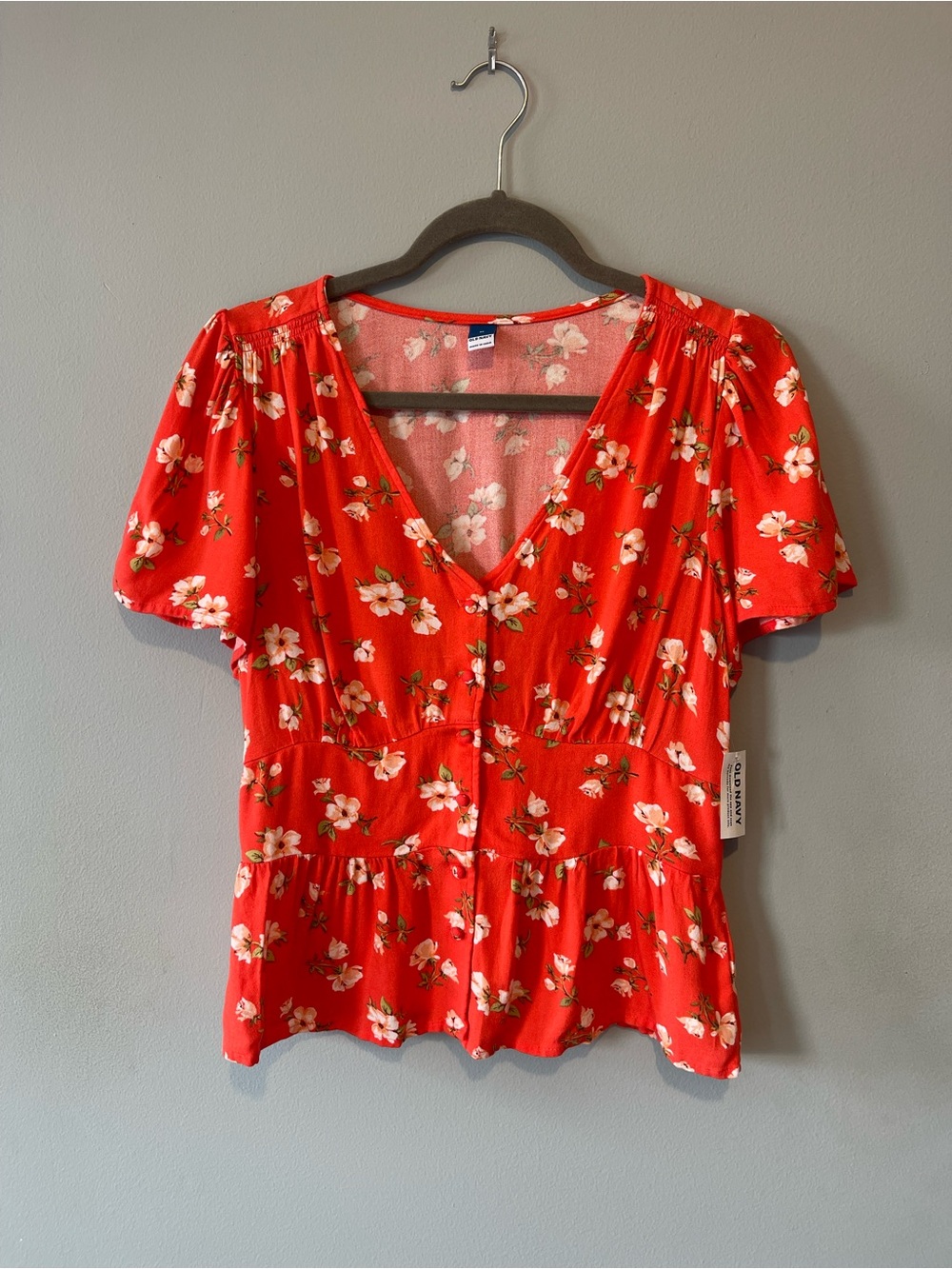 Old Navy Orange Floral V-Neck Peplum Top